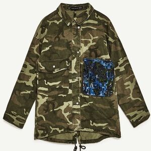 Zara Trafaluc Bird Sequin Camo Printed Parka Jacket Green Sz L/XL